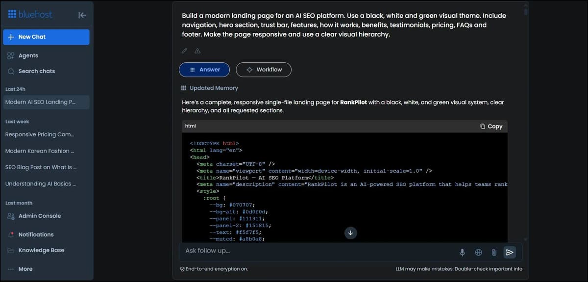 Bluehost AI coding interface showing generated website code